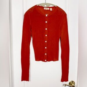 Inhabit Exposed Seam Fine Knit Cotton Cardigan Sweater Rust Small